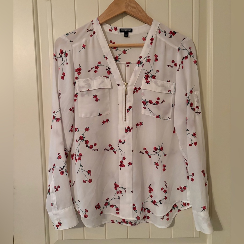Express Women's White Blouse with Maroon Floral Design